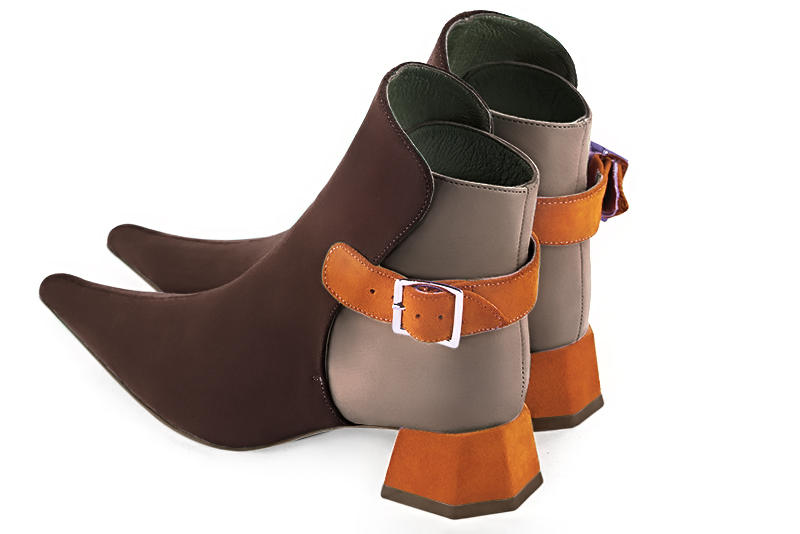 Dark brown, bronze beige and apricot orange women's ankle boots with buckles at the back. Pointed toe. Low flare heels. Rear view - Florence KOOIJMAN